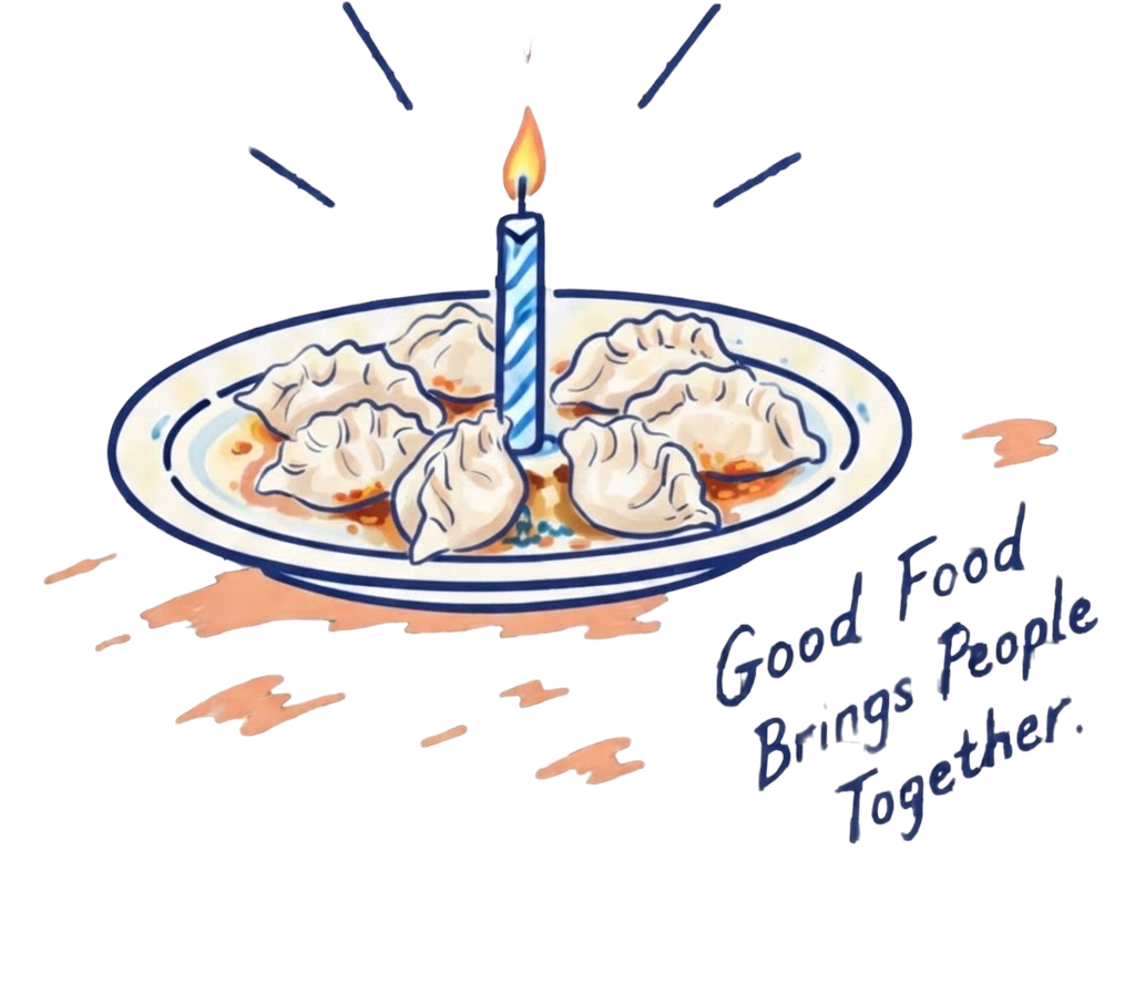 Illustrated birthday candle surrounded by dumplings with the words Good Food Brings People Together.