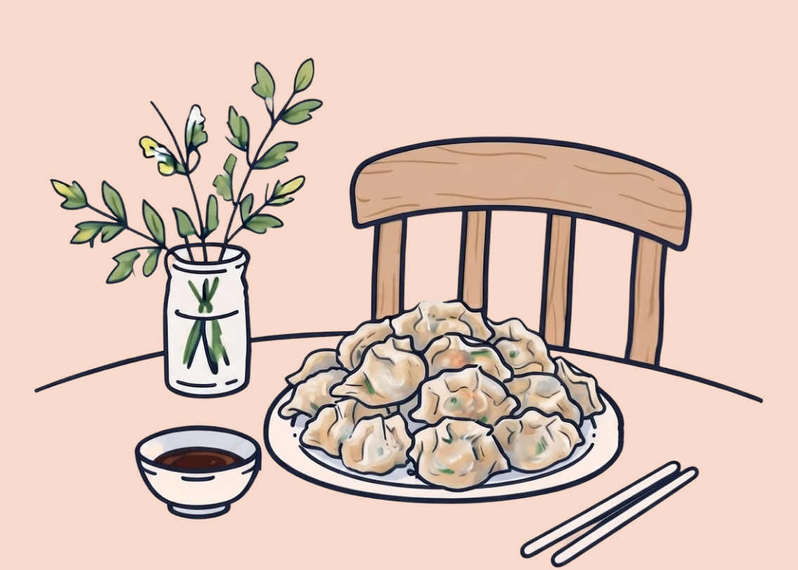 Illustrated chair, flowers and a table full of dumplings.